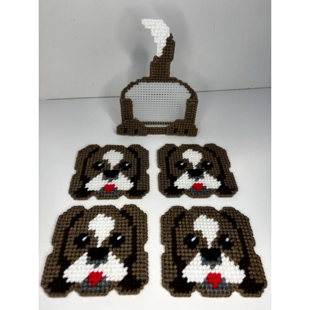 🐶Coaster Pals‎ Dog Brown Tan White With Holder- Plastic Canvas